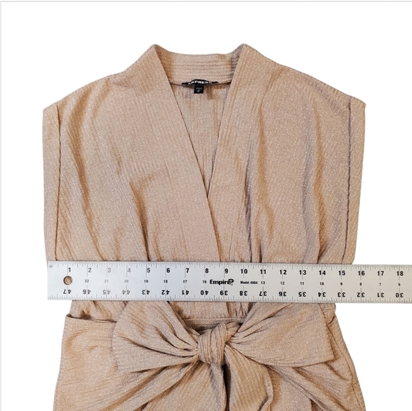 Express Beige Metallic Ribbed Faux Wrap Tie Front Top Size Medium - Picture 10 of 13